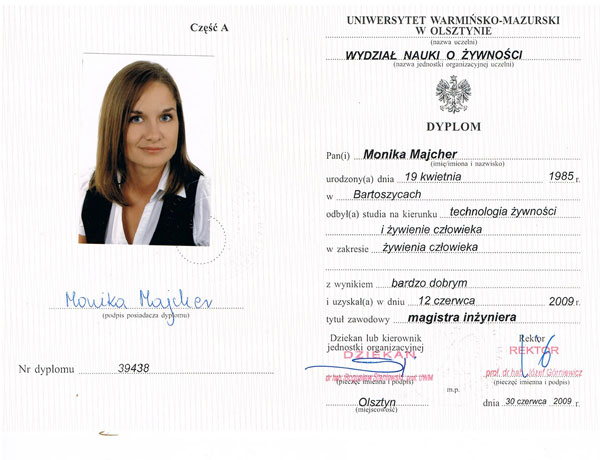 Dyplom ukończenia studiów — Monika Majcher-Lipiejko