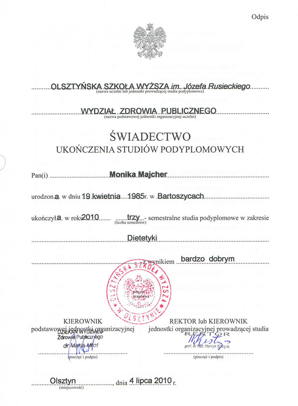 Świadectwo ukończenia studiów podyplomowych — Monika Majcher-Lipiejko