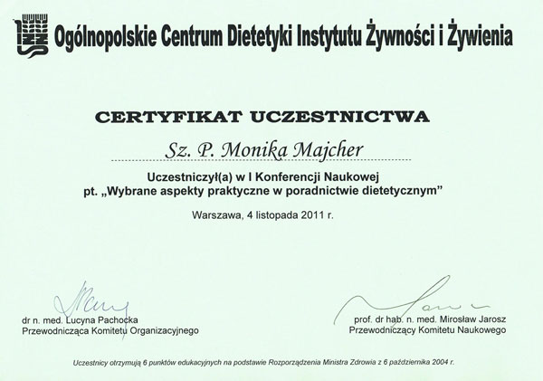 Certyfikat uczestnictwa — dietetyka — Monika Majcher-Lipiejko