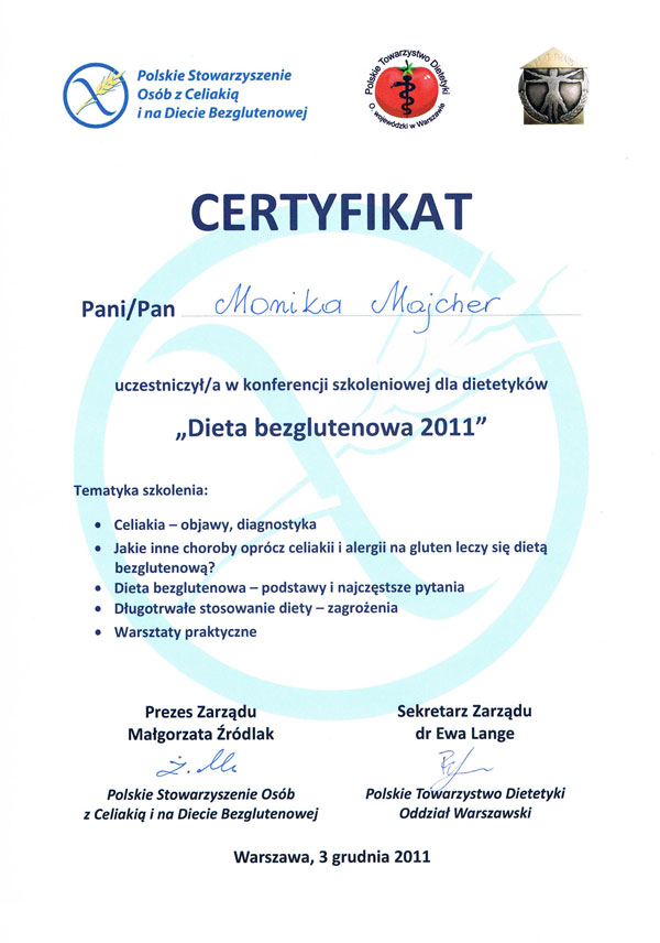 Certyfikat — dieta bezglutenowa — Monika Majcher-Lipiejko