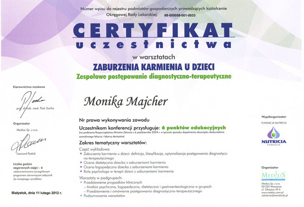 Certyfikat — zaburzenia karmienia u dzieci — Monika Majcher-Lipiejko