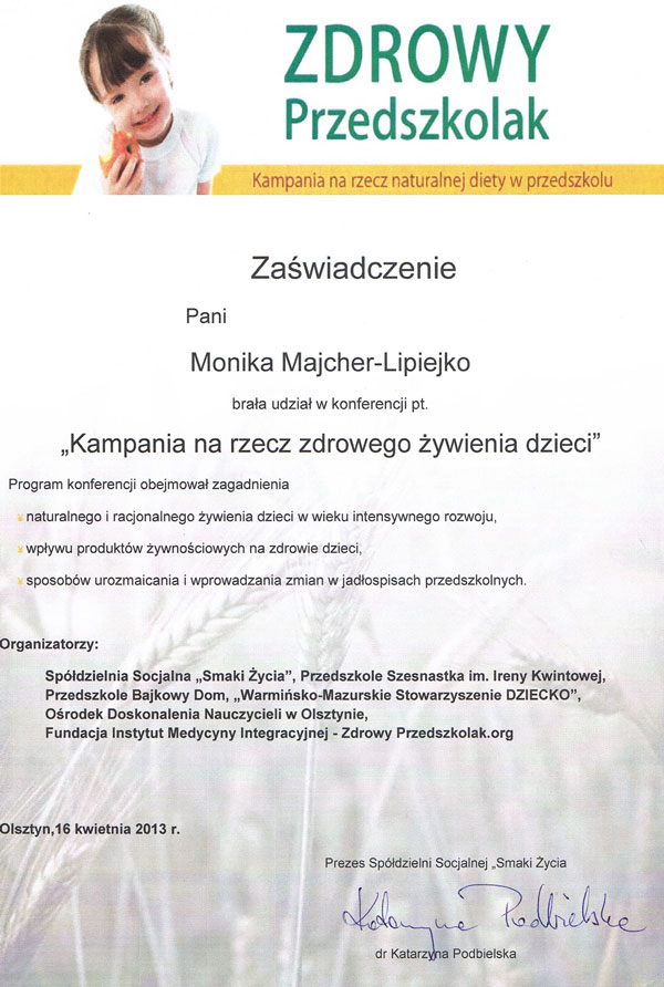 Zaświadczenie — żywienie dzieci — Monika Majcher-Lipiejko