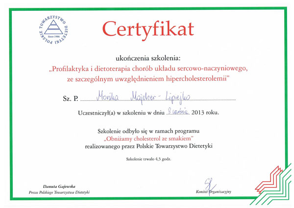 Certyfikat udziału w szkoleniu — Monika Majcher-Lipiejko