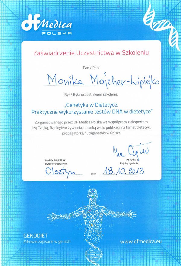 Certyfikat — analiza składu ciała — Monika Majcher-Lipiejko