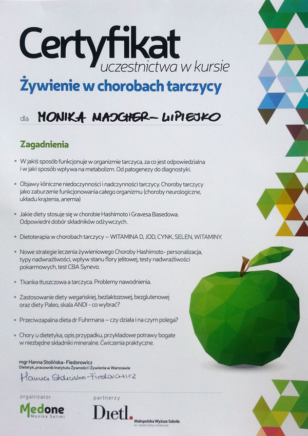 Certyfikat — żywienie w chorobach tarczycy — Monika Majcher-Lipiejko