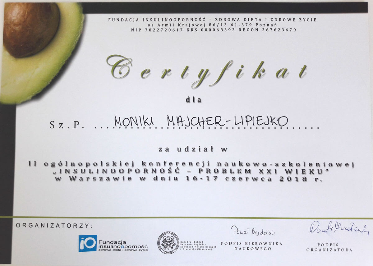 Certyfikat — szkolenie żywieniowe — Monika Majcher-Lipiejko