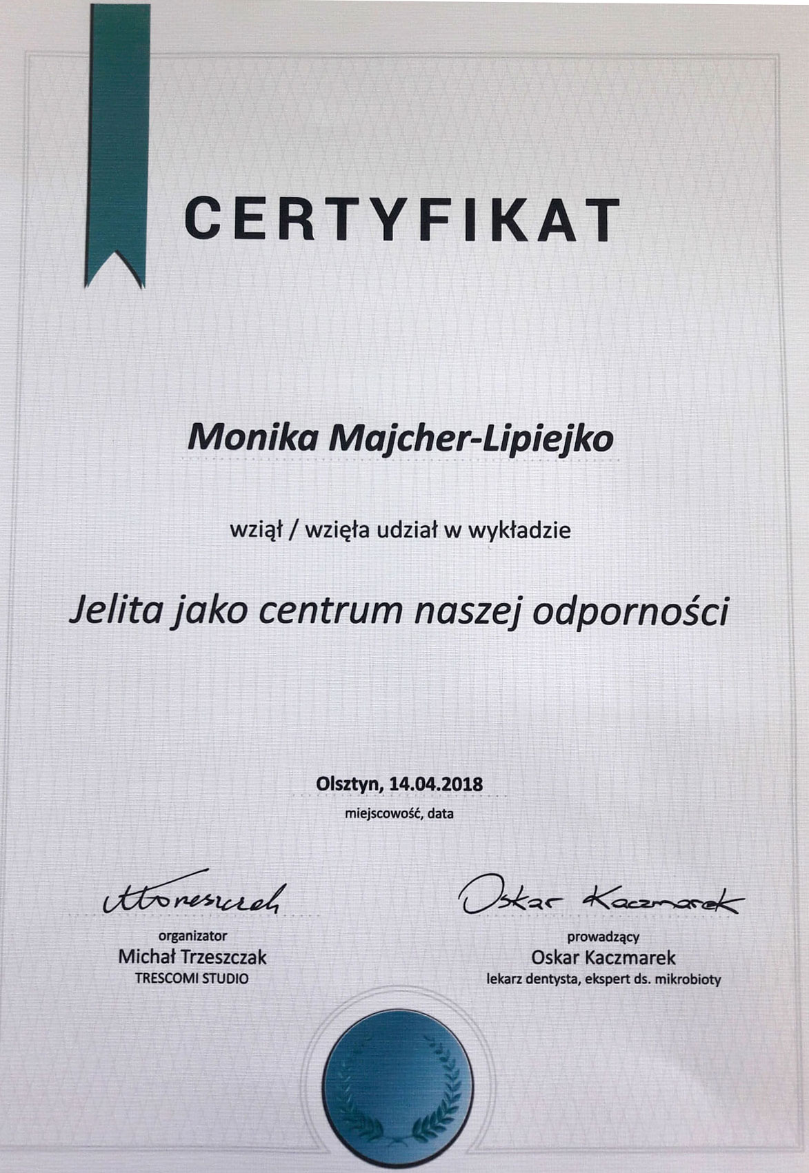 Certyfikat — odporność — Monika Majcher-Lipiejko