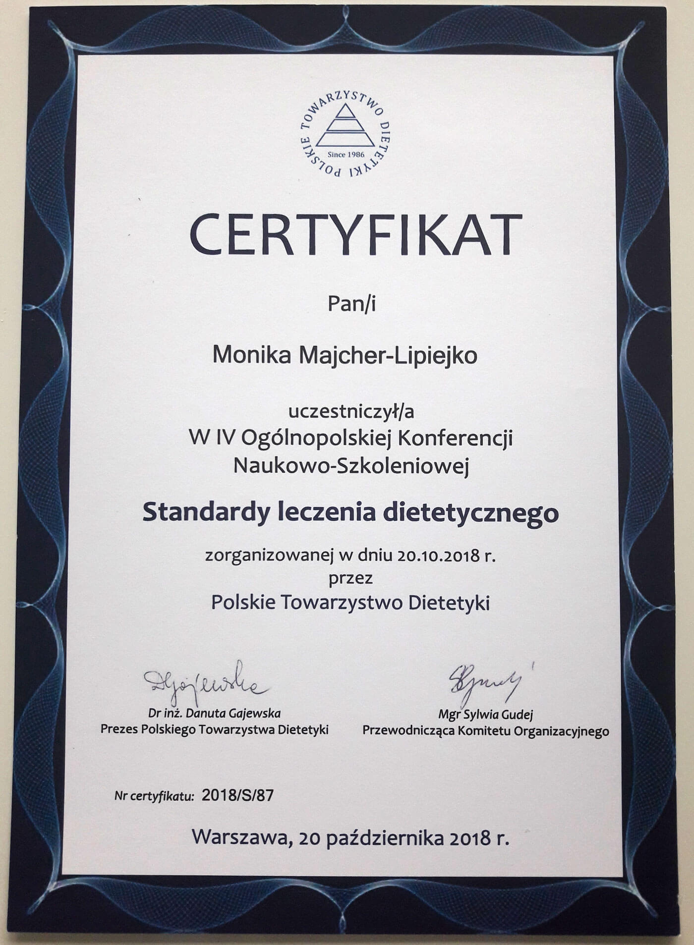 Certyfikat — standardy leczenia dietetycznego — Monika Majcher-Lipiejko