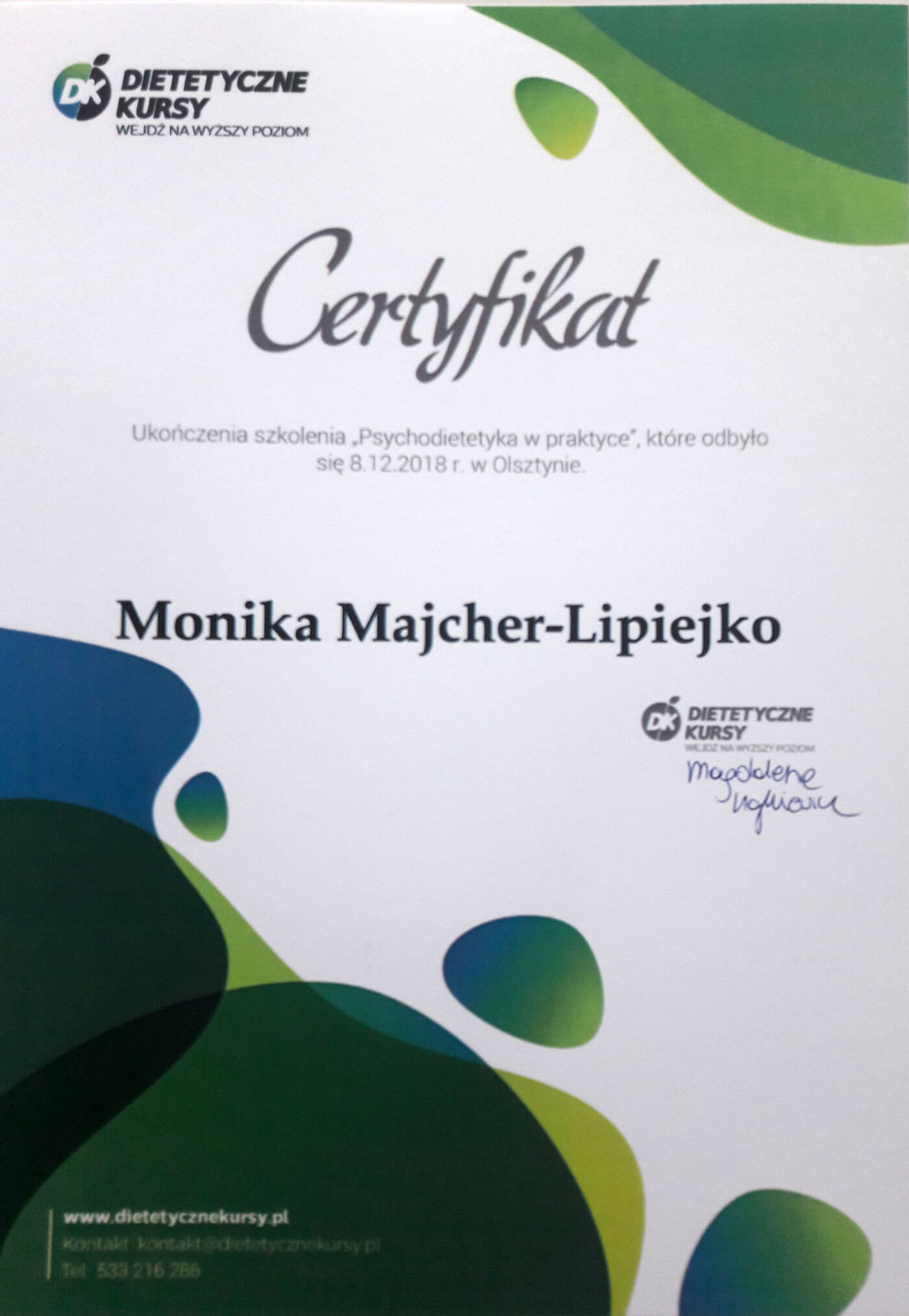 Certyfikat udziału w konferencji — Monika Majcher-Lipiejko