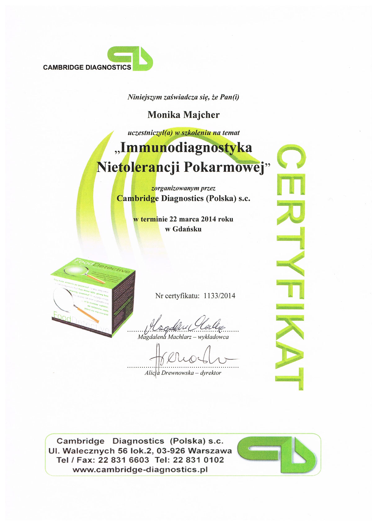 Certyfikat ukończenia kursu — Monika Majcher-Lipiejko