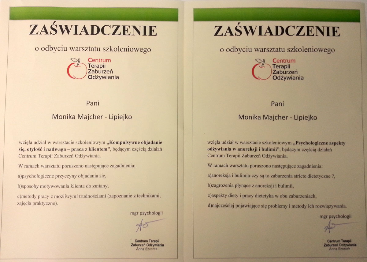 Zaświadczenia ukończenia szkoleń — Monika Majcher-Lipiejko