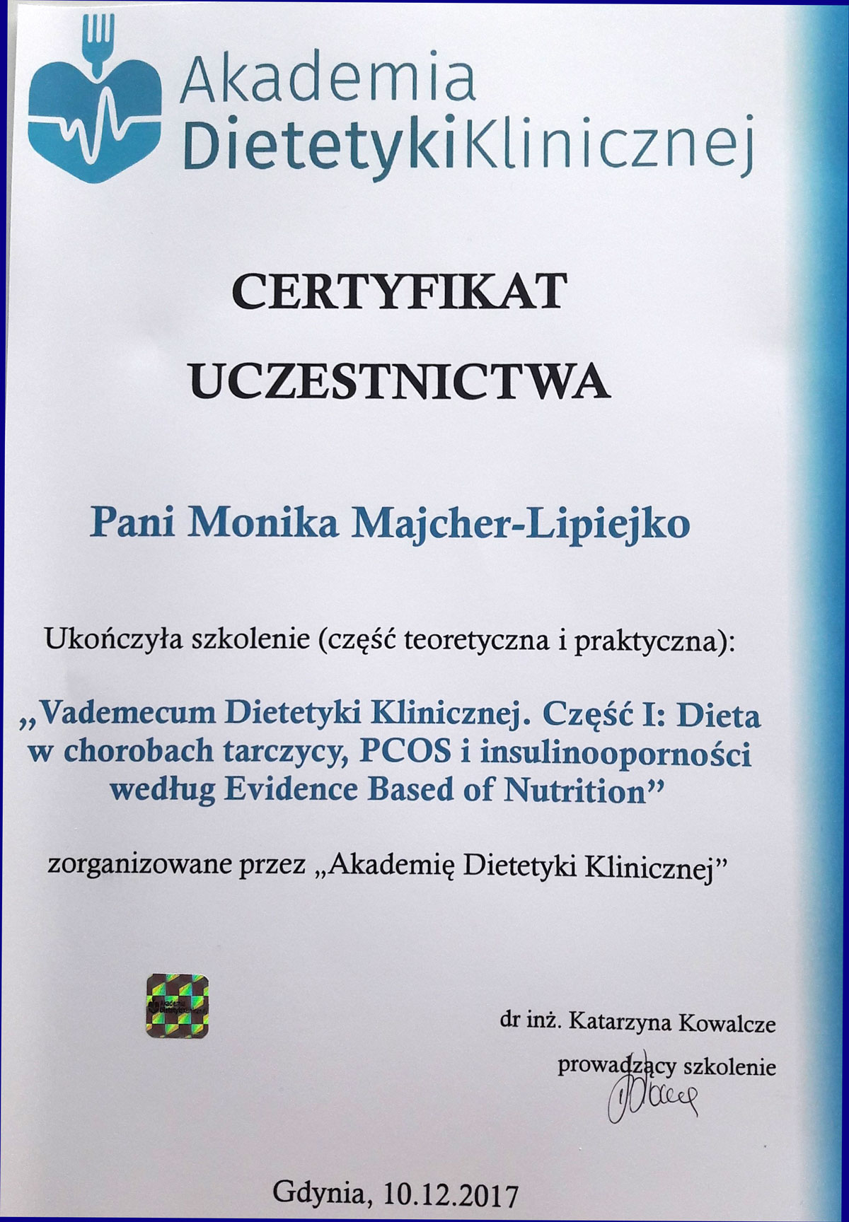 Certyfikat — dietetyka kliniczna — Monika Majcher-Lipiejko