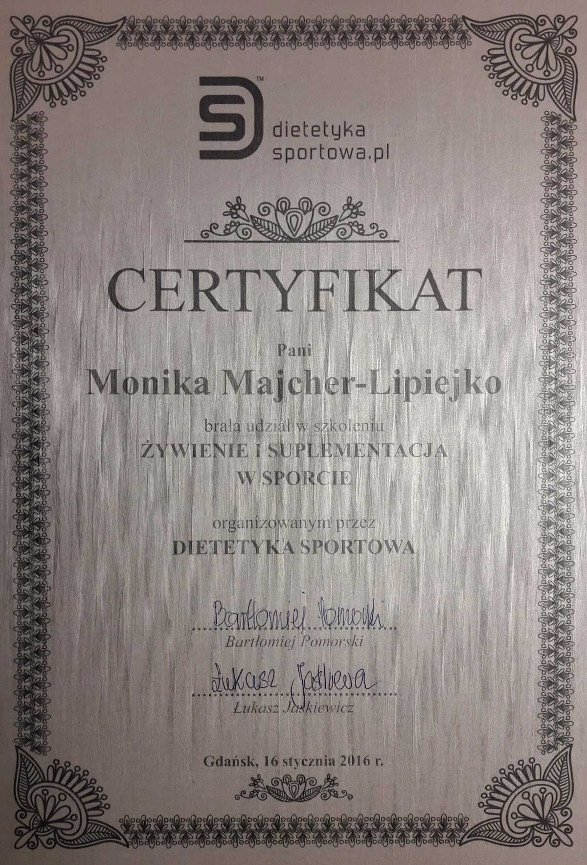 Certyfikat — dietetyka sportowa — Monika Majcher-Lipiejko