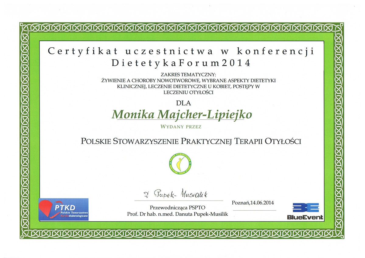 Certyfikat — Dietetyka Forum 2014 — Monika Majcher-Lipiejko