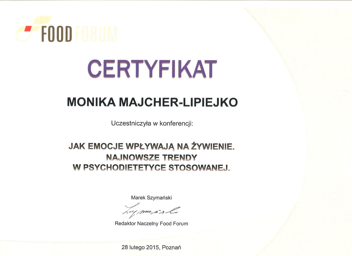 Certyfikat — psychodietetyka — Monika Majcher-Lipiejko